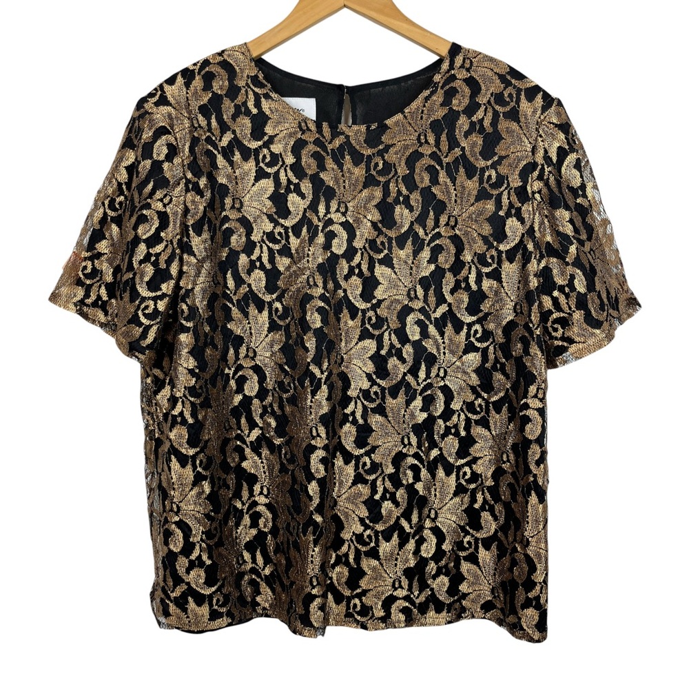 80s Vintage Joan Black And Gold Floral Lace Short Sleeve‎ Blouse